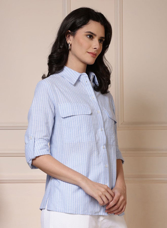 PRETILLY Women's Comfort Striped Casual Shirt with Three-Quarter Sleeves - Image 3