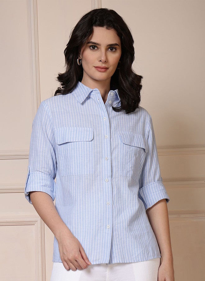 PRETILLY Women's Comfort Striped Casual Shirt with Three-Quarter Sleeves - Image 1