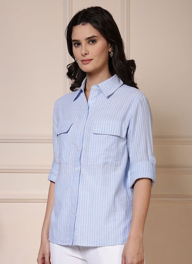 PRETILLY Women's Comfort Striped Casual Shirt with Three-Quarter Sleeves - Image 4