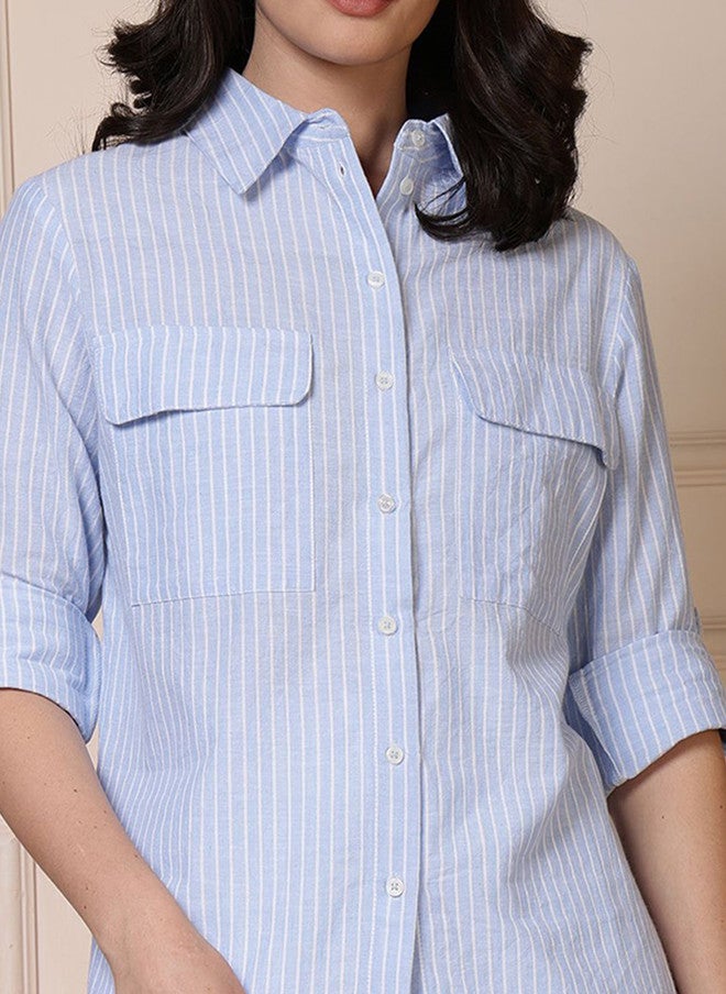 PRETILLY Women's Comfort Striped Casual Shirt with Three-Quarter Sleeves - Image 2