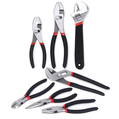 FASTPRO 7-Piece Utility Pliers and Wrench Set, Includes 8" Adjustable Wrench, 8" Groove Joint, 8" & 6" Slip Joint, 6" Long Nose, 6" Diagonal and 6" Linesman Pliers, Dipped Handle - Image 1
