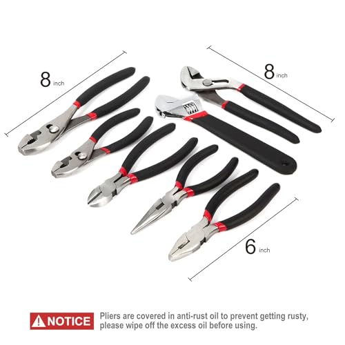 FASTPRO 7-Piece Utility Pliers and Wrench Set, Includes 8" Adjustable Wrench, 8" Groove Joint, 8" & 6" Slip Joint, 6" Long Nose, 6" Diagonal and 6" Linesman Pliers, Dipped Handle - Image 3