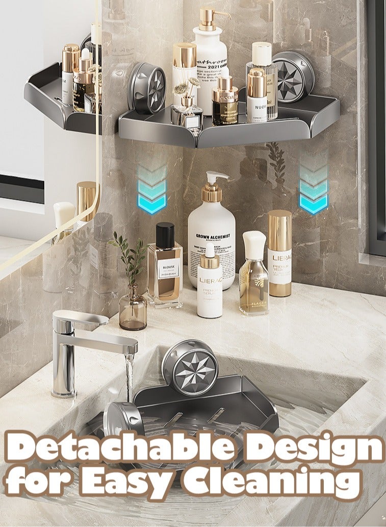 XiuWoo 2-Tier Sturdy Triangle Carbon Steel Wall-Mounted Bathroom Shelf Rustproof, Multi-Functional, with Suction Cups, Extra Storage & Raised Edges for Secure Organization - Image 2