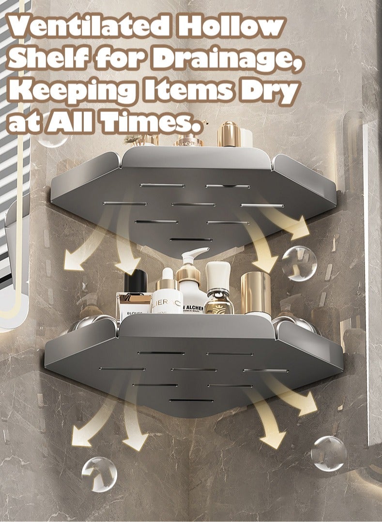 XiuWoo 2-Tier Sturdy Triangle Carbon Steel Wall-Mounted Bathroom Shelf Rustproof, Multi-Functional, with Suction Cups, Extra Storage & Raised Edges for Secure Organization - Image 3