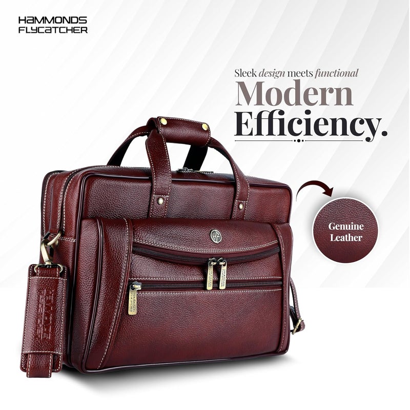 HAMMONDS FLYCATCHER Men Genuine Leather Office Bag - 15.6" Laptop Bag for Office, Travel, Daily Use - Padded Laptop Compartment, Trolley Strap, Adjustable Strap, 1 Year Warranty, Brown - Image 2