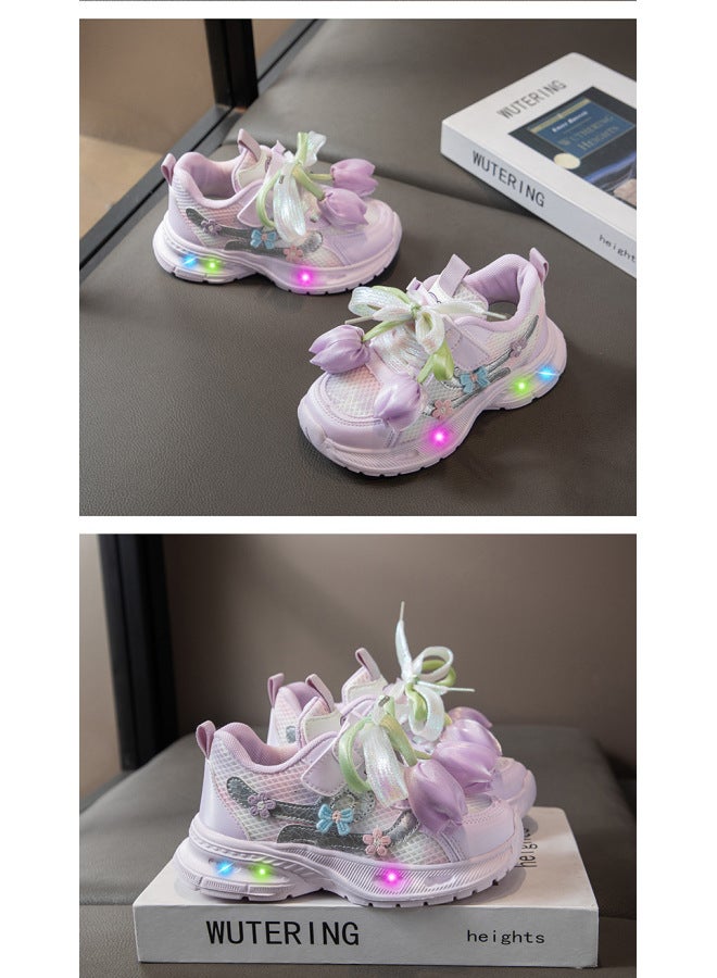 Children's Sports Shoes  Spring And Autumn New Breathable Mesh Girls' Princess Style Lighted Sports Shoes For Middle And Large Children