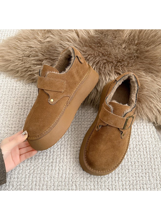 Thick-soled Snow Boots For Women, Fleece-lined And Thickened,  Winter New Style, Maillard Warm Round-toe Birkenstock-like Cotton Shoes