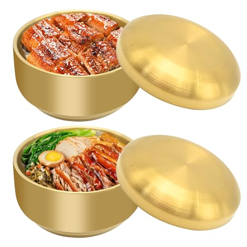 MDEOOSKY 2PCS 304 Stainless Steel Bowls with Lid, Double-Layer Anti-Scalding Design, Gold Metal Rice/Soup/Salad/Noodle Bowl for Kitchen & Restaurant, 4.52 inch - Image 1
