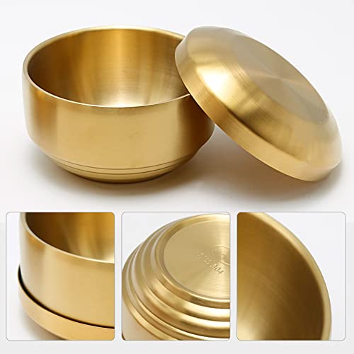 MDEOOSKY 2PCS 304 Stainless Steel Bowls with Lid, Double-Layer Anti-Scalding Design, Gold Metal Rice/Soup/Salad/Noodle Bowl for Kitchen & Restaurant, 4.52 inch - Image 4