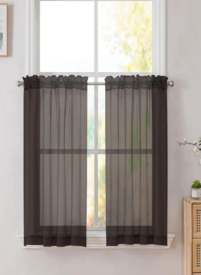 Simplebrand Chocolate Short Sheer Kitchen Curtains 36 Inch Length Tier Rod Pocket Cafe Drapes Half Window for Bathroom Small Windows 42 x 36 Inch, 2 Panels - Image 1