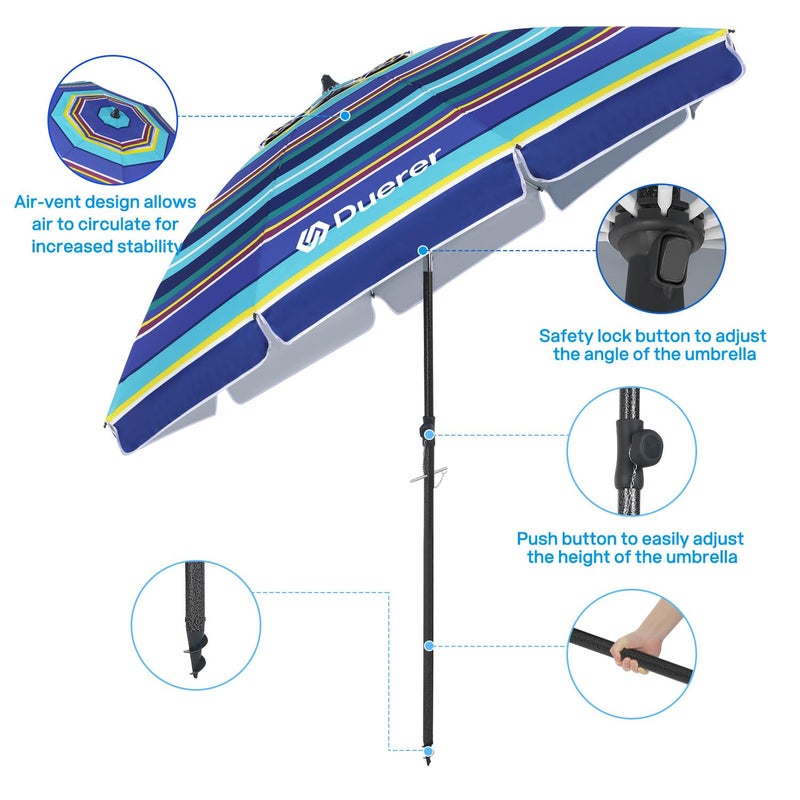 Duerer Beach Umbrellas, 8.5FT Beach Umbrella for Sand with Anchor Heavy Duty Windproof, Height Adjustable Tilt Iron Pole, Portable Beach Umbrella with Carrying Bag for Beach, Patio Garden Outdoor - Image 4