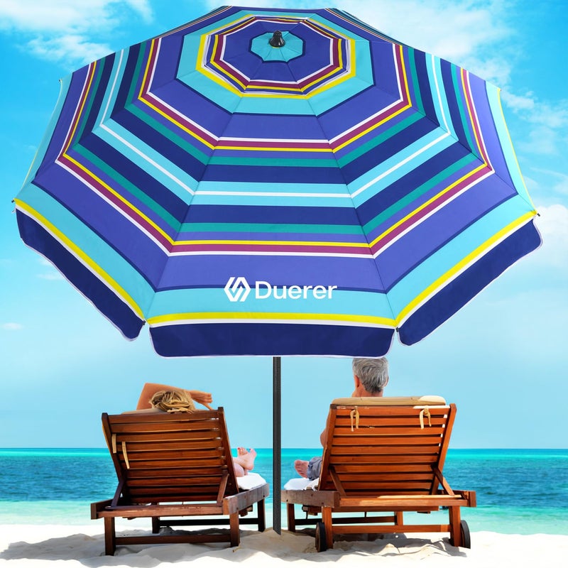 Duerer Beach Umbrellas, 8.5FT Beach Umbrella for Sand with Anchor Heavy Duty Windproof, Height Adjustable Tilt Iron Pole, Portable Beach Umbrella with Carrying Bag for Beach, Patio Garden Outdoor - Image 1