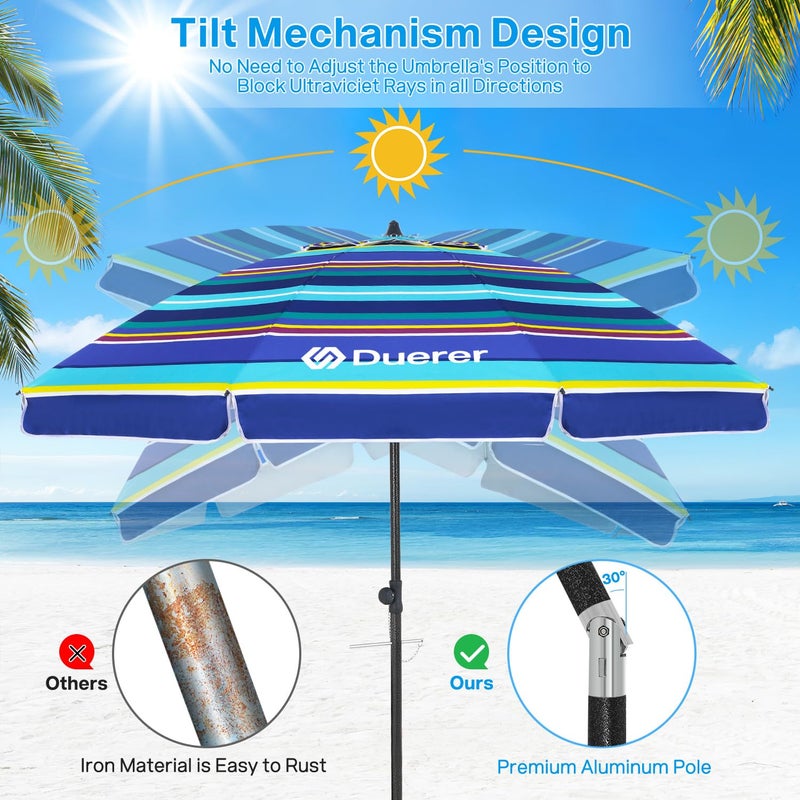Duerer Beach Umbrellas, 8.5FT Beach Umbrella for Sand with Anchor Heavy Duty Windproof, Height Adjustable Tilt Iron Pole, Portable Beach Umbrella with Carrying Bag for Beach, Patio Garden Outdoor - Image 3