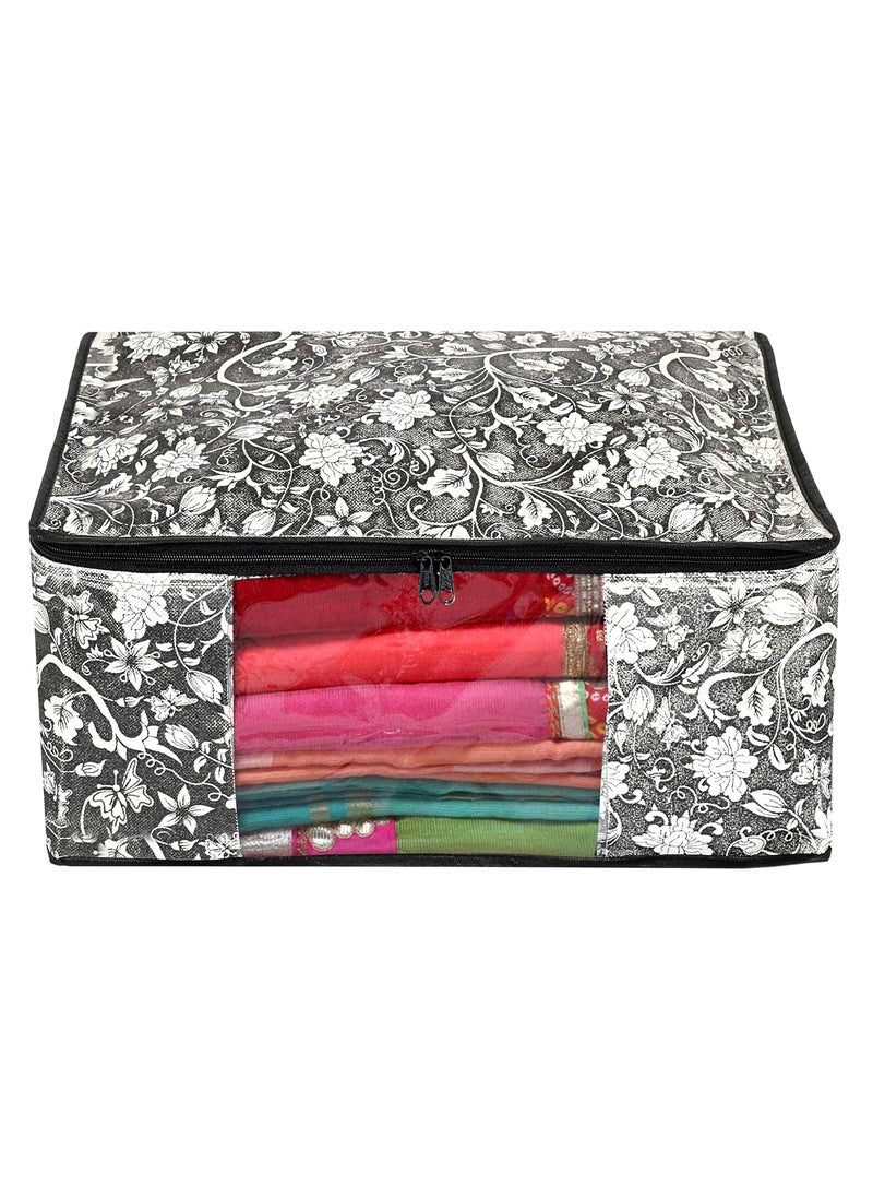 Brand - Solimo Solimo Metalic 12 Pieces Non Woven Fabric Clothes Saree Cover Bags Set with Transparent Window Extra Large Flower CheckeredIvory Black  - Image 2