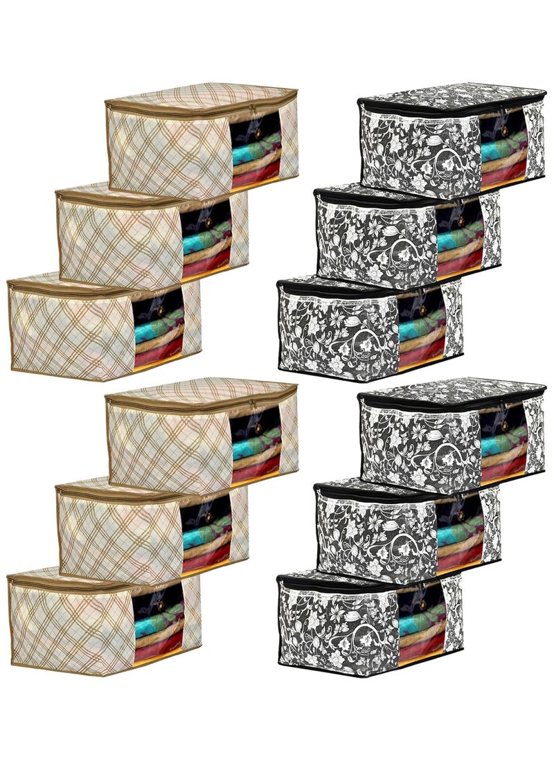 Brand - Solimo Solimo Metalic 12 Pieces Non Woven Fabric Clothes Saree Cover Bags Set with Transparent Window Extra Large Flower CheckeredIvory Black  - Image 1