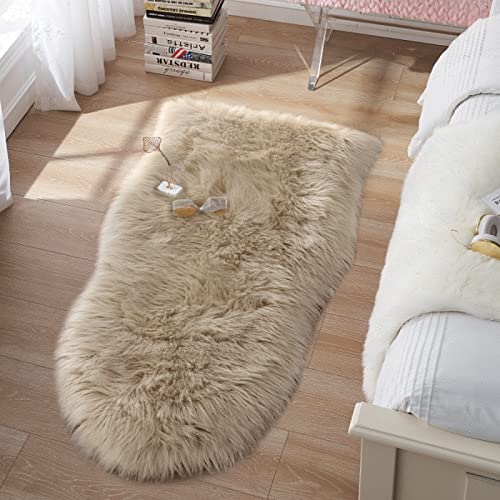 Tangsoo Small Faux Fur Rug 2x4 ft Ultra Soft Sheepskin Rug Chair Sofa Cover Seat Pad, Beige Fluffy Shag Rug for Bedroom Nursery Kids Room, Luxury Shaggy Rug Fuzzy Plush Floor Carpets - Image 2