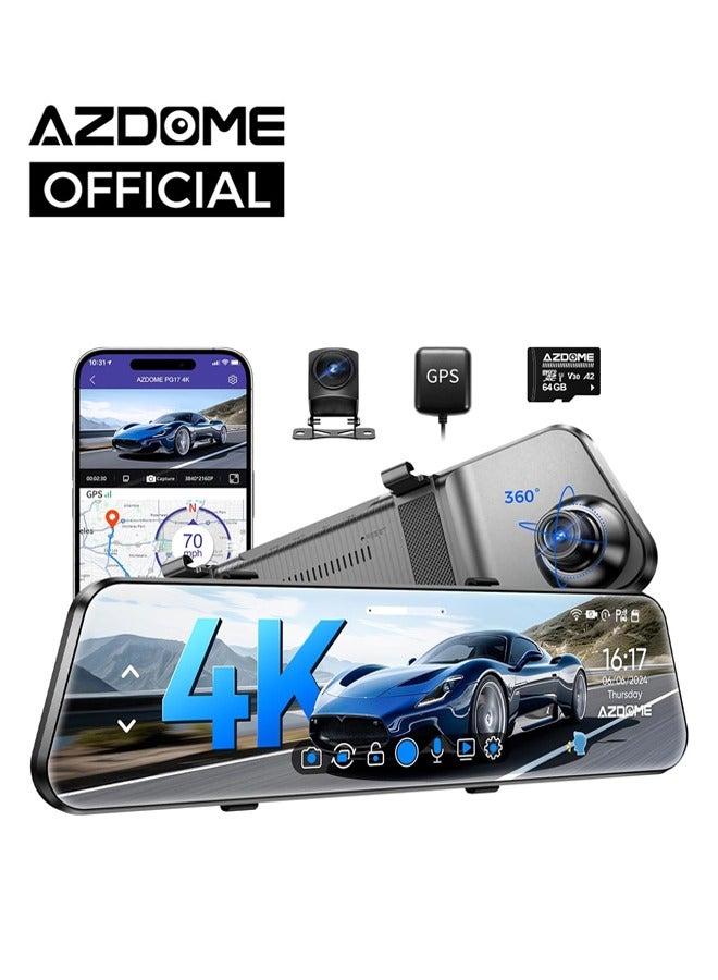 أزدوم كاميرا داش كام AZDOME PG17 مقاس 12 بوصة بدقة 4K أمامية وخلفية، كاميرا مرآة خلفية مع واي فاي 6 وبطاقة 64GB، كاميرا سيارة بتحكم صوتي، مزودة بنظام GPS، رؤية ليلية، ومساعدة في ركن السيارة. - Image 1