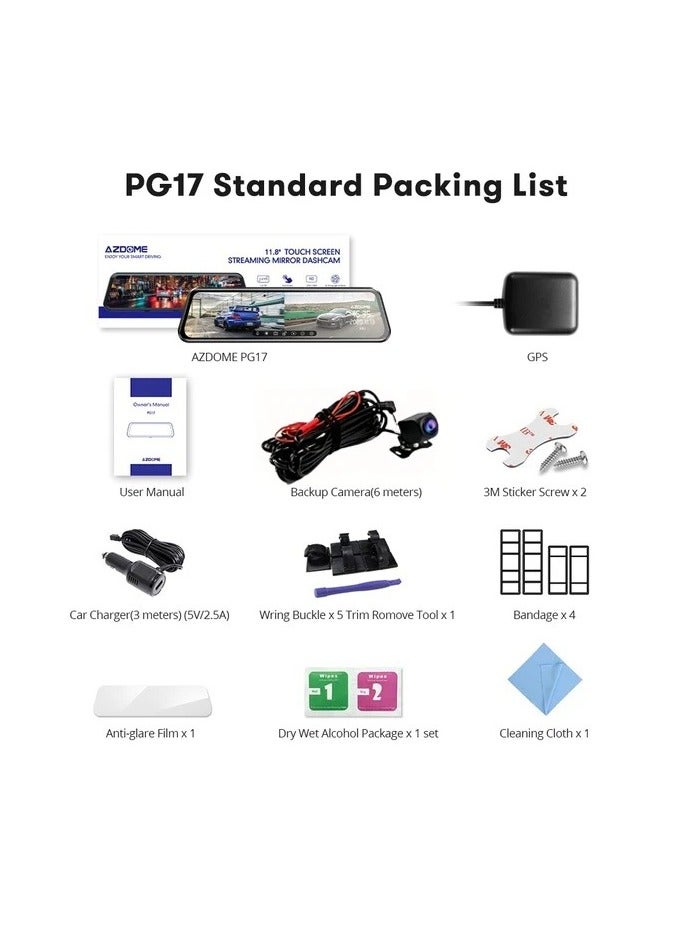 أزدوم كاميرا داش كام AZDOME PG17 مقاس 12 بوصة بدقة 4K أمامية وخلفية، كاميرا مرآة خلفية مع واي فاي 6 وبطاقة 64GB، كاميرا سيارة بتحكم صوتي، مزودة بنظام GPS، رؤية ليلية، ومساعدة في ركن السيارة. - Image 5