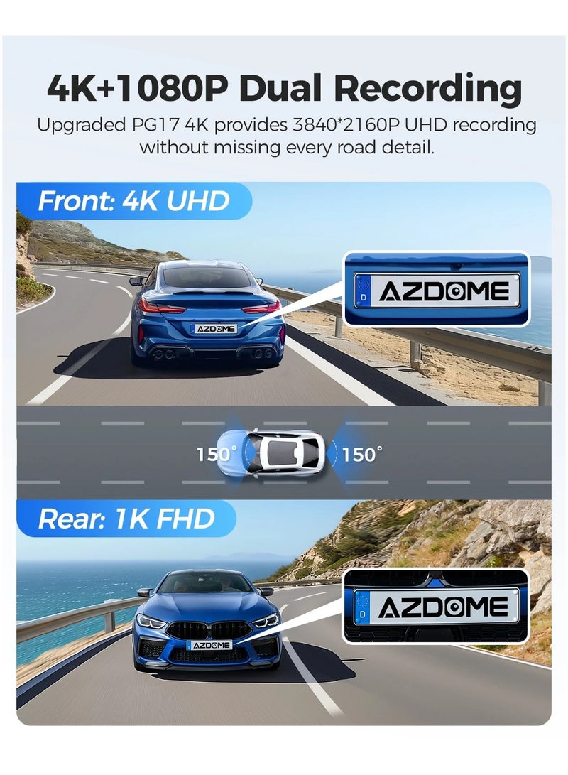 أزدوم كاميرا داش كام AZDOME PG17 مقاس 12 بوصة بدقة 4K أمامية وخلفية، كاميرا مرآة خلفية مع واي فاي 6 وبطاقة 64GB، كاميرا سيارة بتحكم صوتي، مزودة بنظام GPS، رؤية ليلية، ومساعدة في ركن السيارة. - Image 2
