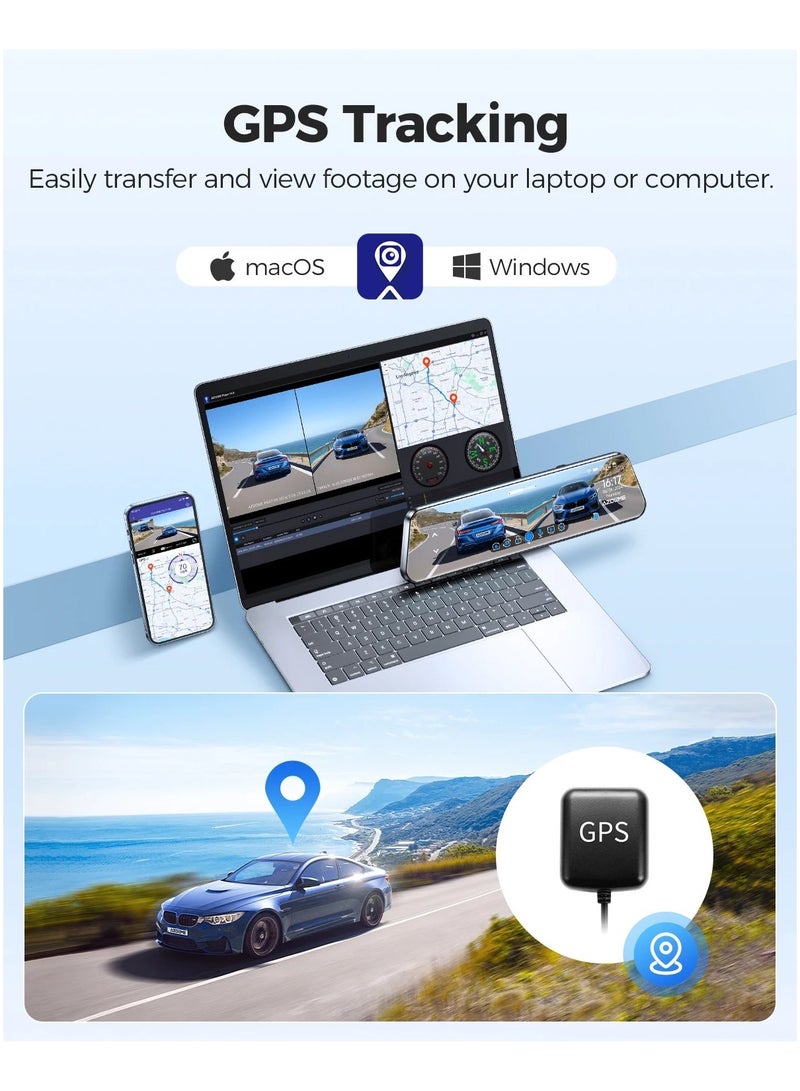 أزدوم كاميرا داش كام AZDOME PG17 مقاس 12 بوصة بدقة 4K أمامية وخلفية، كاميرا مرآة خلفية مع واي فاي 6 وبطاقة 64GB، كاميرا سيارة بتحكم صوتي، مزودة بنظام GPS، رؤية ليلية، ومساعدة في ركن السيارة. - Image 3