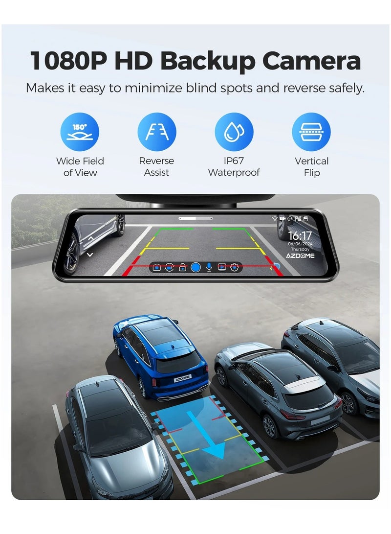 أزدوم كاميرا داش كام AZDOME PG17 مقاس 12 بوصة بدقة 4K أمامية وخلفية، كاميرا مرآة خلفية مع واي فاي 6 وبطاقة 64GB، كاميرا سيارة بتحكم صوتي، مزودة بنظام GPS، رؤية ليلية، ومساعدة في ركن السيارة. - Image 4