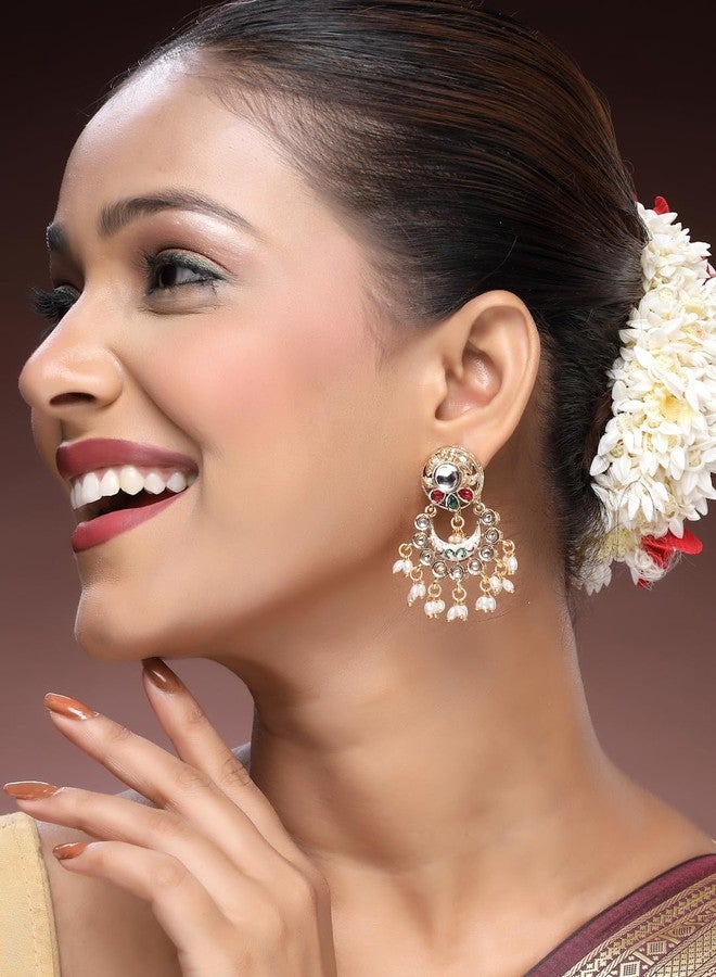 ADIVA Rhodium-Plated Ruby & Cubic Zirconia Stone Studded with Glossy White Pearls Classic Drop Earrings Set for women, Traditional Stylish Jhumka for Girls Party, Wedding, Festive - Image 2