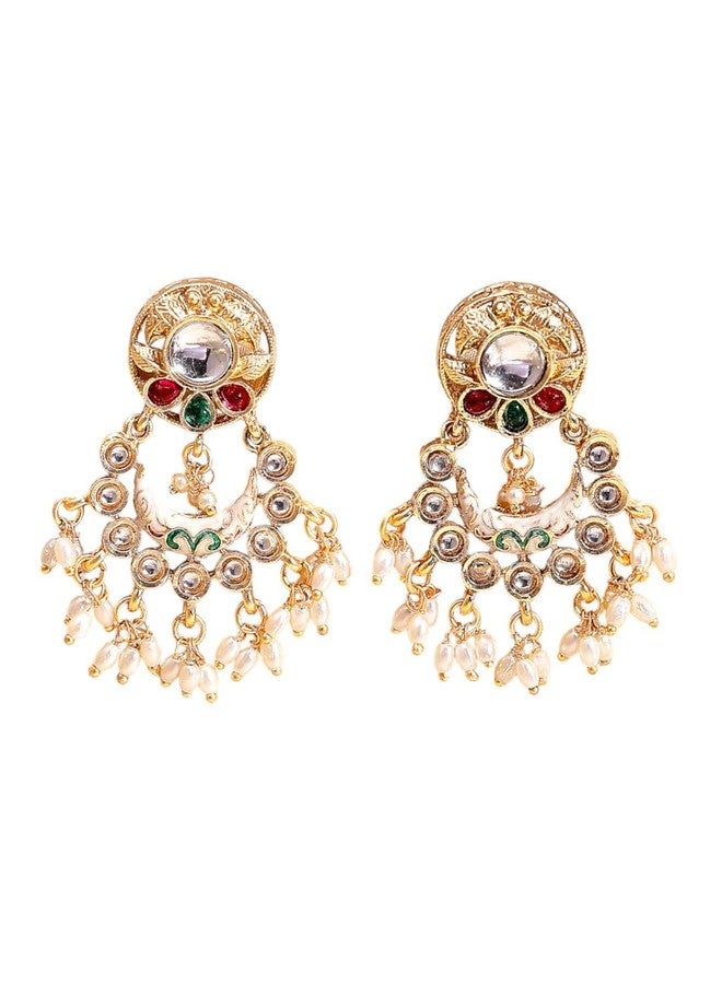 ADIVA Rhodium-Plated Ruby & Cubic Zirconia Stone Studded with Glossy White Pearls Classic Drop Earrings Set for women, Traditional Stylish Jhumka for Girls Party, Wedding, Festive - Image 1