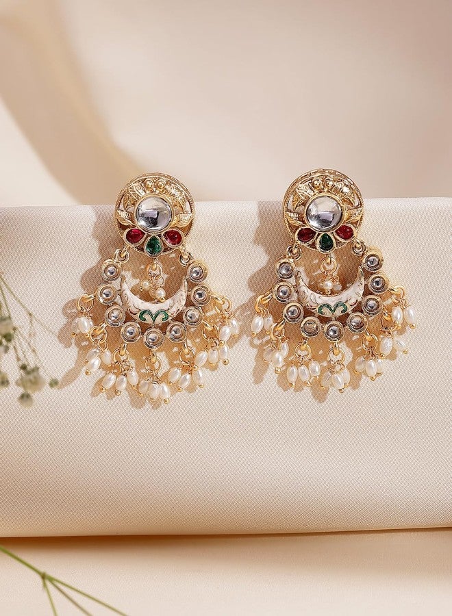 ADIVA Rhodium-Plated Ruby & Cubic Zirconia Stone Studded with Glossy White Pearls Classic Drop Earrings Set for women, Traditional Stylish Jhumka for Girls Party, Wedding, Festive - Image 3