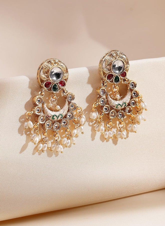 ADIVA Rhodium-Plated Ruby & Cubic Zirconia Stone Studded with Glossy White Pearls Classic Drop Earrings Set for women, Traditional Stylish Jhumka for Girls Party, Wedding, Festive - Image 4