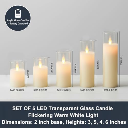 DECOVAA Flickering LED Flameless Candles, Battery Operated Acrylic Glass Candle Set, Moving Wick Candle for Home Décor, Wedding, Party, Diwali Decoration (Set of 5) - Image 3