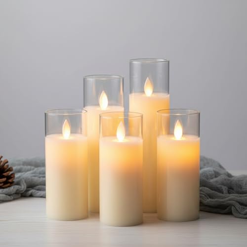 DECOVAA Flickering LED Flameless Candles, Battery Operated Acrylic Glass Candle Set, Moving Wick Candle for Home Décor, Wedding, Party, Diwali Decoration (Set of 5) - Image 2