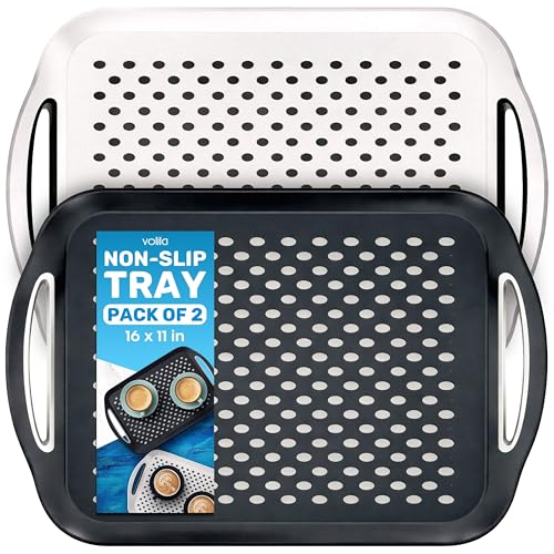 volila Food Trays for Eating on Couch - 2 Pack - Non Slip Dinner Trays for Eating Set of 2 Non Slip Serving Tray and Food Tray with Handles (Black & White) - Image 1