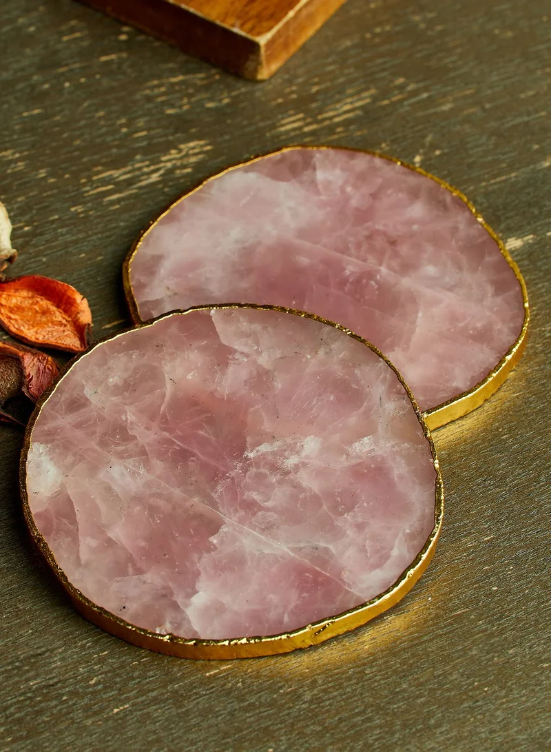 Noire Edit Set Of 2 Rose Quartz Coasters With Gold Details
