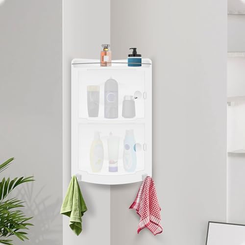 TRENDY Modern Wall Mounted Plastic Bathroom Shelf | 2-Tier Storage with Door & Open Shelf | Durable Compact Corner Organizer for Kitchen, Bathroom & Office (White) - Image 1