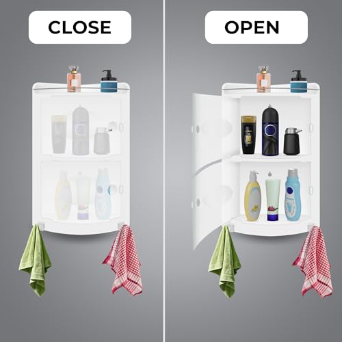 TRENDY Modern Wall Mounted Plastic Bathroom Shelf | 2-Tier Storage with Door & Open Shelf | Durable Compact Corner Organizer for Kitchen, Bathroom & Office (White) - Image 3