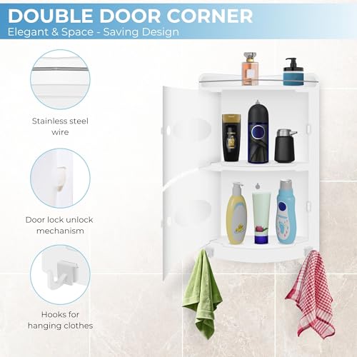 TRENDY Modern Wall Mounted Plastic Bathroom Shelf | 2-Tier Storage with Door & Open Shelf | Durable Compact Corner Organizer for Kitchen, Bathroom & Office (White) - Image 5