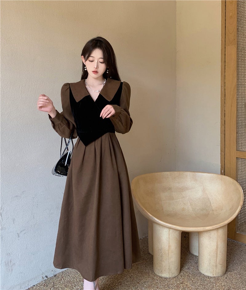 2022 Plus Size French Style Faux Two-Piece Midi Dress Brown - Image 1