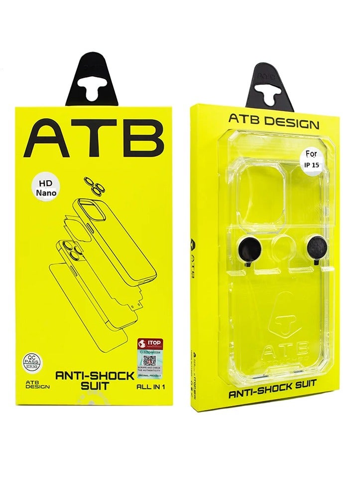 اي تي بي طقم حماية شامل 6 في 1 ايفون 15 تركيب سهل فائق الدقة مع واقي شاشة نانو مرن شفاف تجربة جديدة في حماية الشاشة بفضل واقي النانو المرن. يشمل الطقم جميع الملحقات الأخرى: كفر شفاف، حماية عدسة، لزقة خلفية، لزقات قماشية واقية، وإطار مغناطيسي. - Image 1