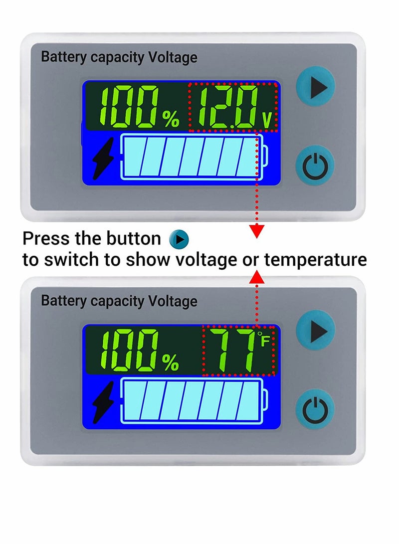 KASTWAVE Battery Capacity Monitor 10 100V 24V 36V 48V Digital Battery Status Tester Meter Remaining Percentage Level Voltage Fahrenheit Temperature Power Indicator Panel Gauge for Marine RV  - Image 3