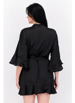 BRAVE SOUL Women Plain Short Sleeves Belted Robe, Black  - Image 2