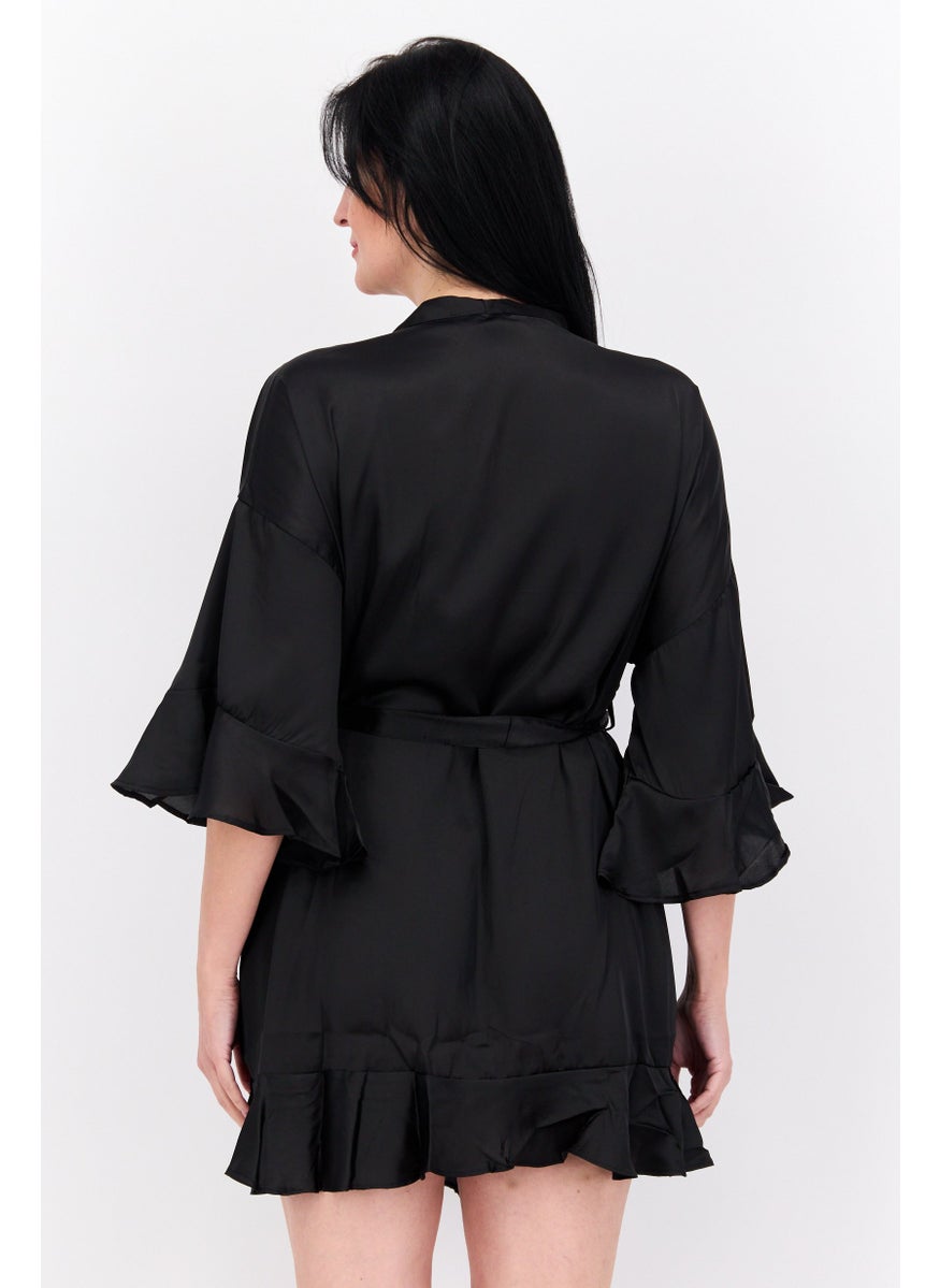 BRAVE SOUL Women Plain Short Sleeves Belted Robe, Black  - Image 2