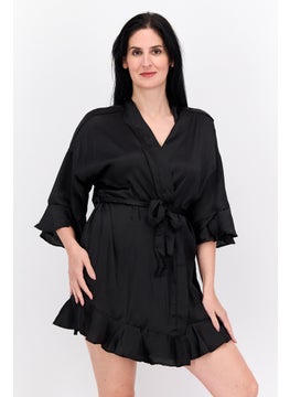 BRAVE SOUL Women Plain Short Sleeves Belted Robe, Black  - Image 1