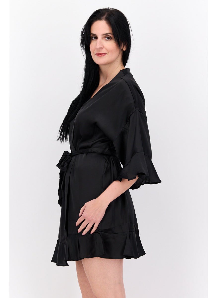 BRAVE SOUL Women Plain Short Sleeves Belted Robe, Black  - Image 3