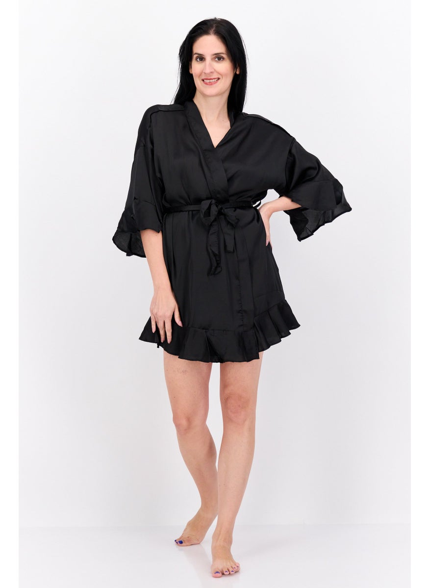 BRAVE SOUL Women Plain Short Sleeves Belted Robe, Black  - Image 4