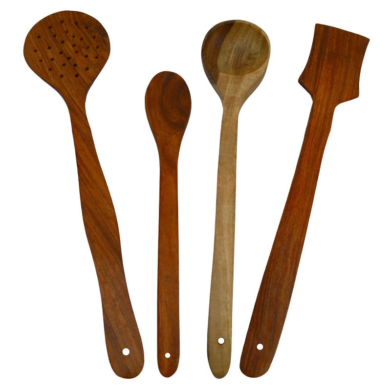 ITOS365 Handmade Wooden Serving and Cooking Spoon Kitchen Utensil Set of 4