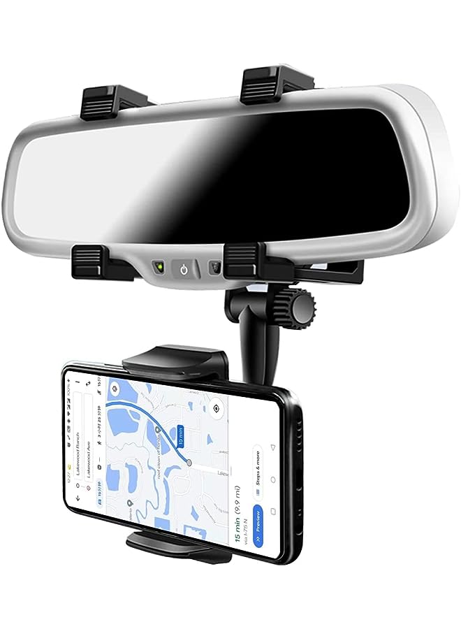 PROMASS Rearview Mirror Phone Holder, ELECDON Car Phone Mount Phone Bracket, Phone Stand with 360° Swivel and Adjustable Clips, Universal Smartphone Cradle, Black - Image 1