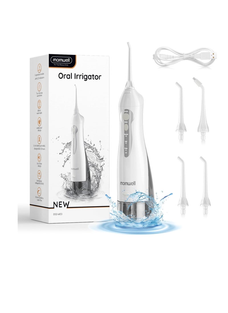 Mornwell Water Flosser Cordless, Mornwell Water Flossers for Teeth - 300ML Tank and 4 Jet Tips, 3 Modes Portable Dental Oral Irrigator, Braces Care, Rechargeable Waterproof Portable Water Flosser, White  - Image 1
