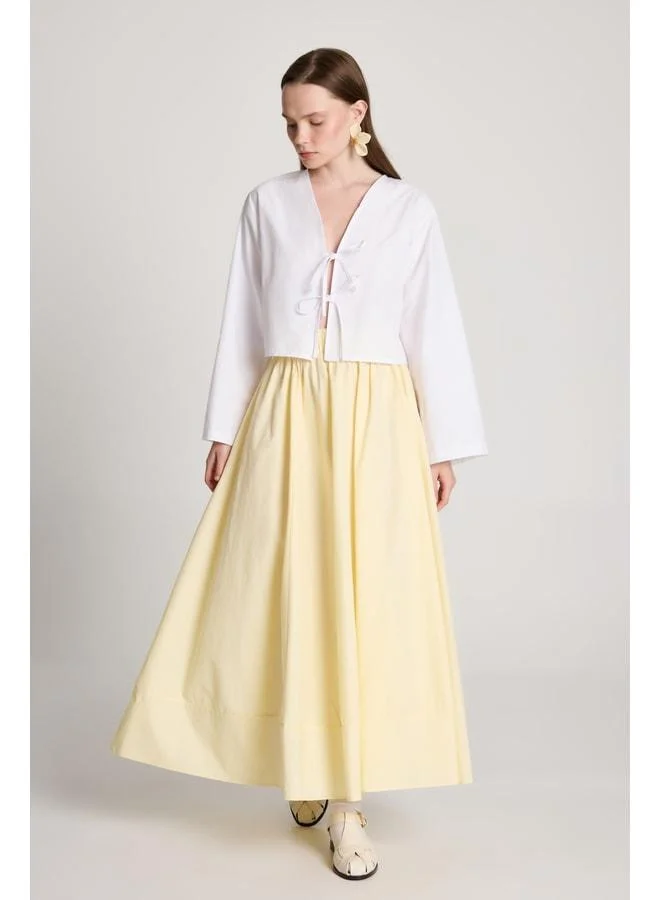 mina aise Yellow Poplin Elastic Waist Long Skirt 27321