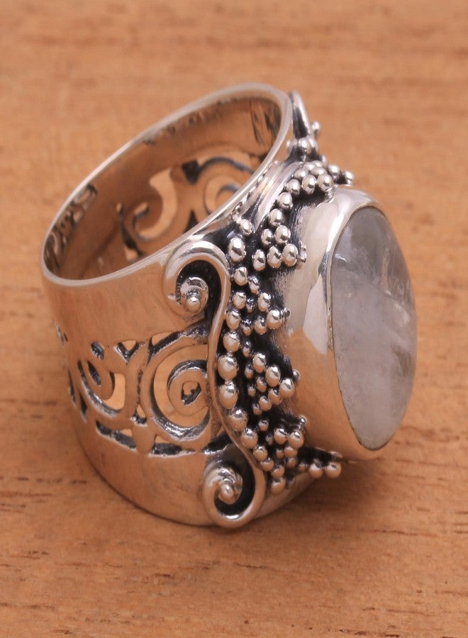 نوفيكا خاتم كوكتيل مصنوع يدويًا من نوفيكا، مرصع بحجر القمر قوس قزح، مصنوع من الفضة الإسترليني، حجر كريم واحد شفاف من إندونيسيا [إطار تاجي 0.7 بوصة ارتفاع × 0.6 بوصة عرض × 0.3 بوصة عمق، عرض السوار 8 مم] "كروم رائعة" - Image 4