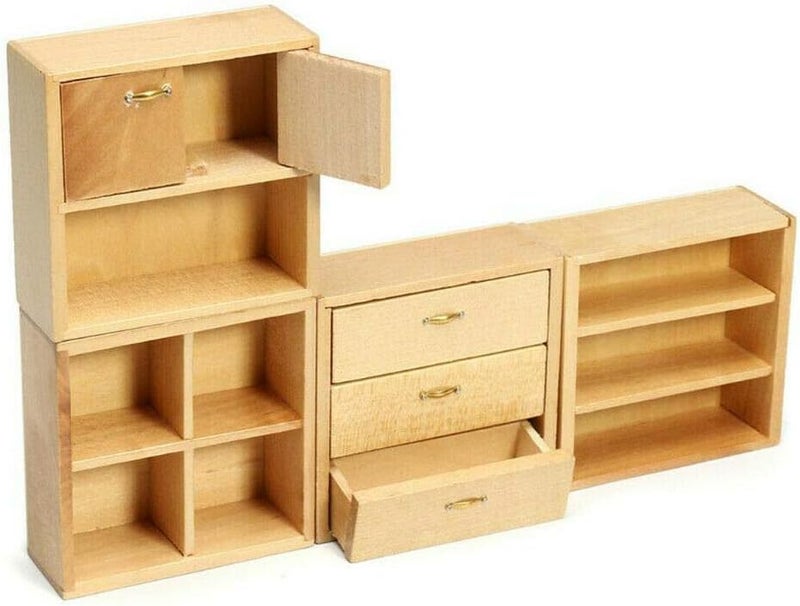 EatingBiting 112 Dollhouse Miniature Furniture Accessories Wooden Cabinet Cupboard Closet Various Styles of Furniture 4 Part Set Arbitrary Placement - Image 1
